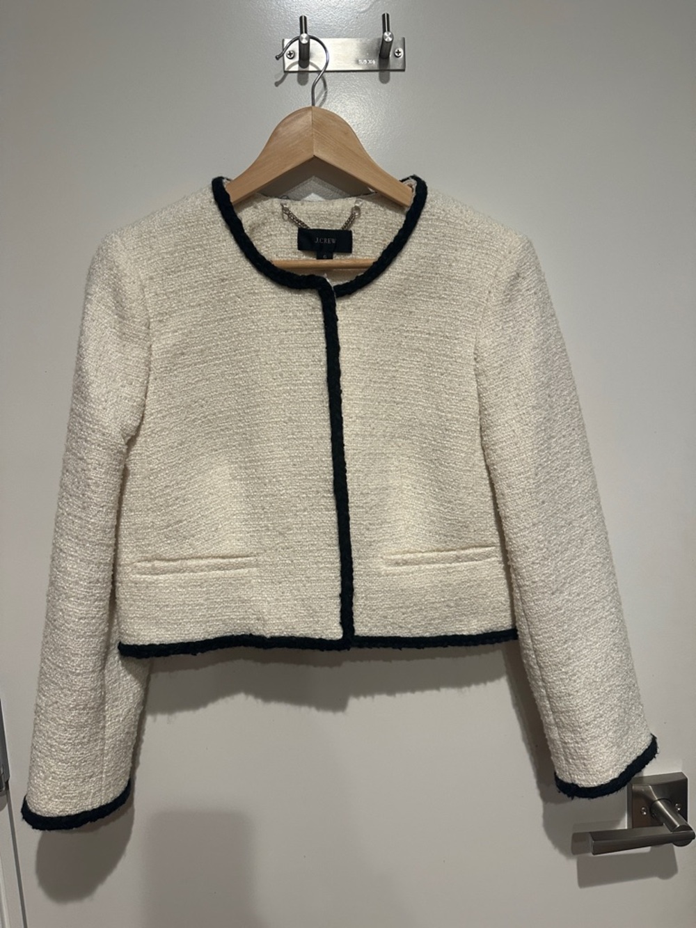 J. Crew Cream Bouclé Cropped Jacket with Black Trim